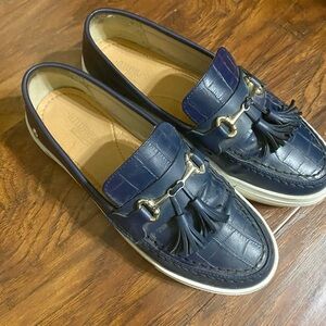 Blue Leather Tassel Loafers with Rubber Sole